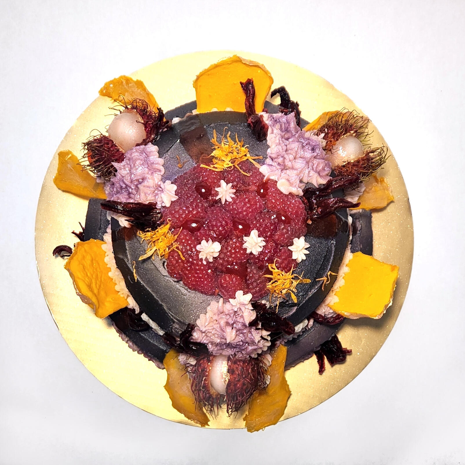 Vegan Leo Scorpion Cake: Strawberry Mango Habanero Jam, Shiroan Frosting, Chrysanthemum Mochi, Li Hing Candied Umeboshi, Dehydrated Mangos, Rambutan [September, 2022]