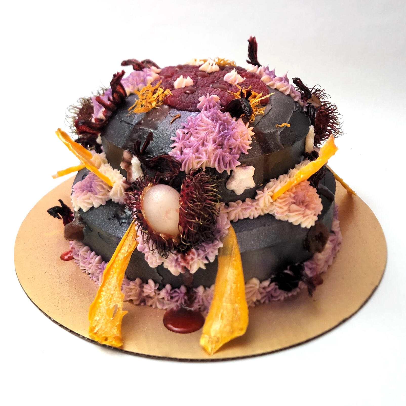 Vegan Leo Scorpion Cake: Strawberry Mango Habanero Jam, Shiroan Frosting, Chrysanthemum Mochi, Li Hing Candied Umeboshi, Dehydrated Mangos, Rambutan [September, 2022]