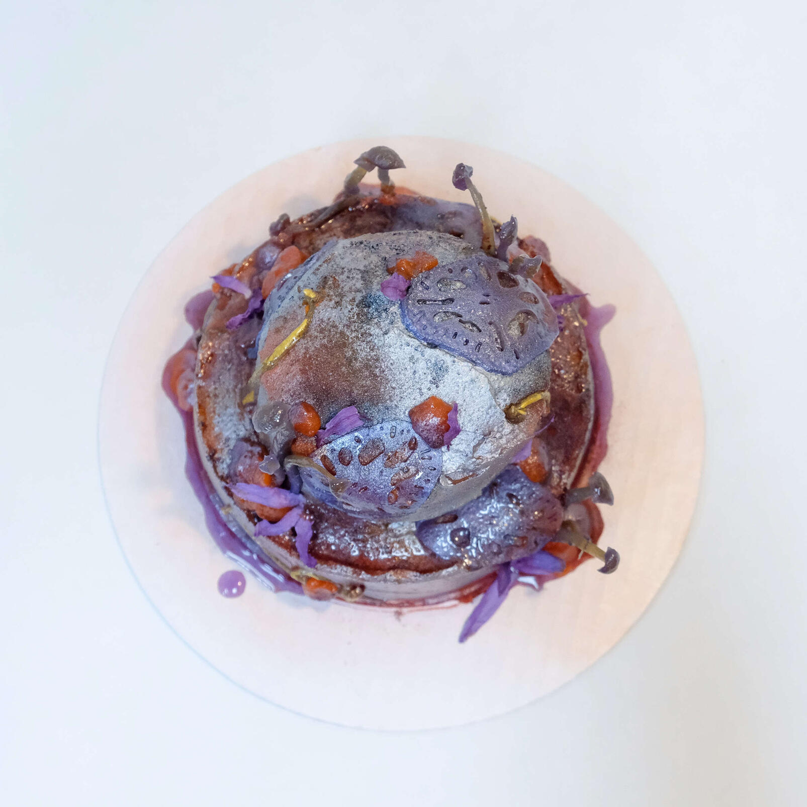 Sweet Potato Mugwort Cake: Passion Fruit, Guava, Jam, Mungbean Almond Frosting, Candied Shimeji, Candied Lotus Root [July, 2023]