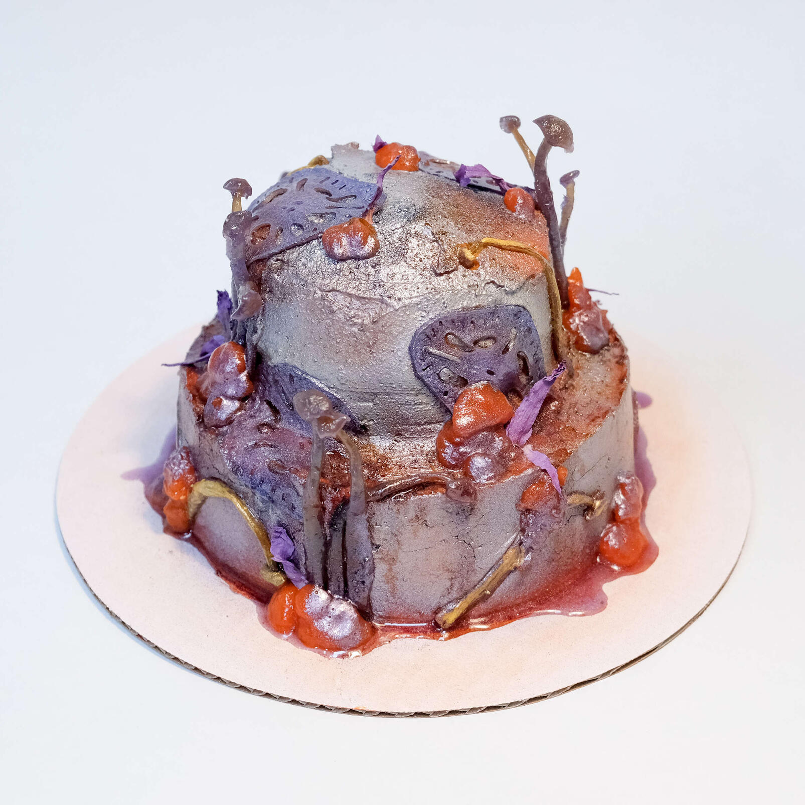 Sweet Potato Mugwort Cake: Passion Fruit, Guava, Jam, Mungbean Almond Frosting, Candied Shimeji, Candied Lotus Root [July, 2023]